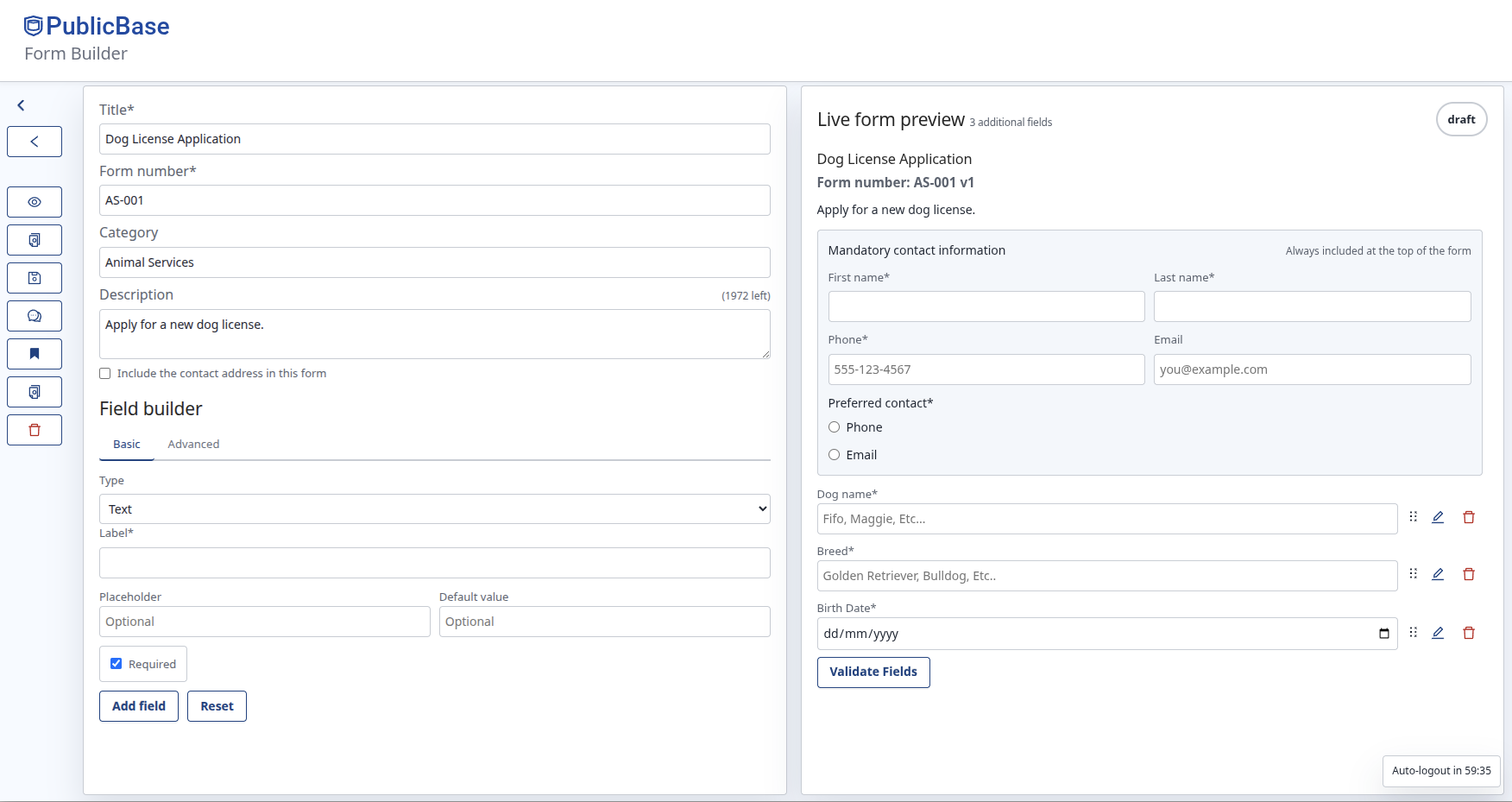 PublicBase form builder interface showing municipal form fields and settings